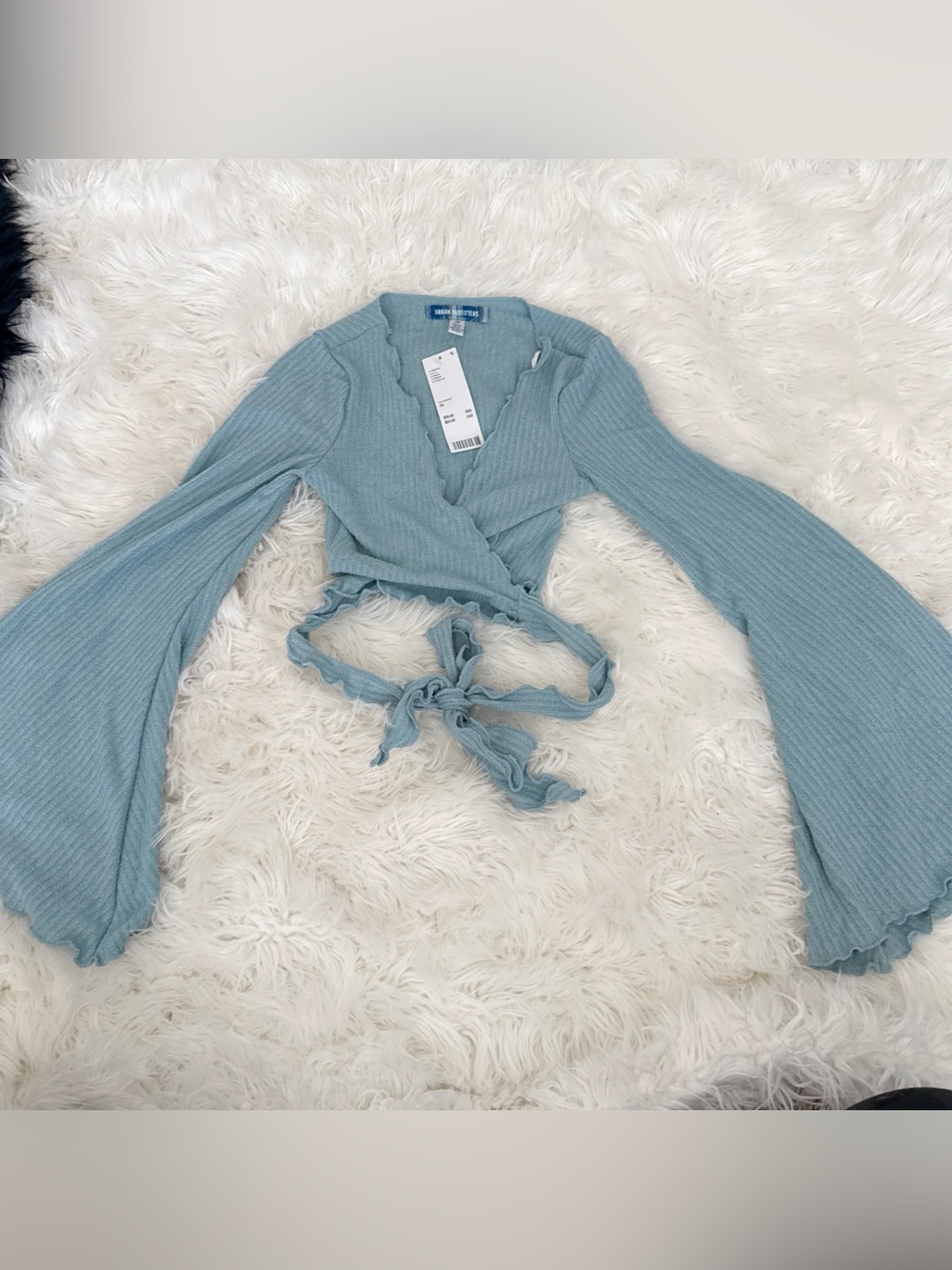 Urban Outfitters Dusty Blue Ribbed Wrap Crop Top